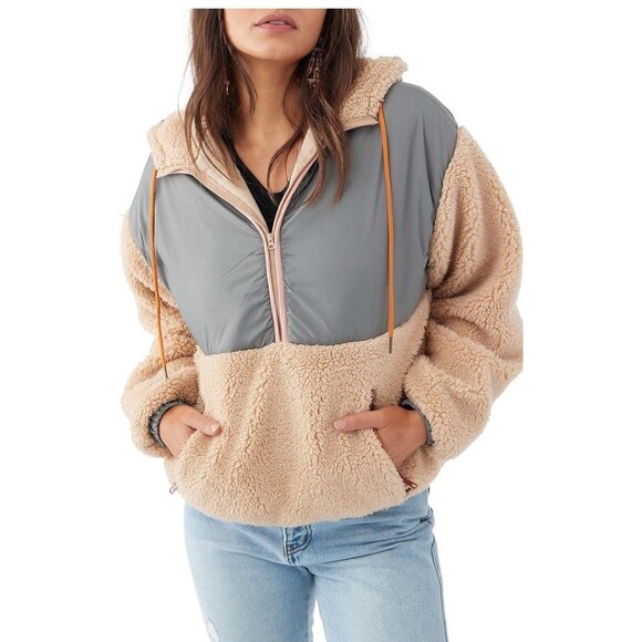 ONeill Seren Super Sherpa Hooded Pullover Jacket Brown Cropped Sz XS - Picture 1 of 8